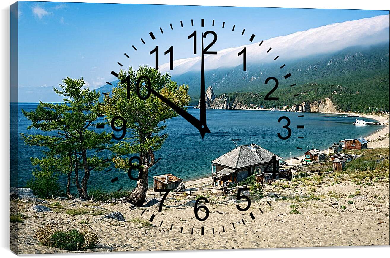 Часы картина - Домик на берегу озера. Байкал