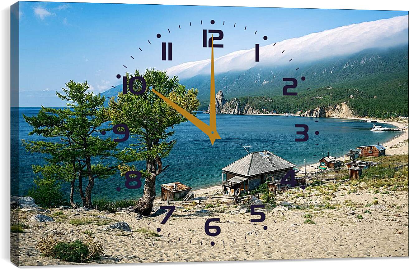 Часы картина - Домик на берегу озера. Байкал