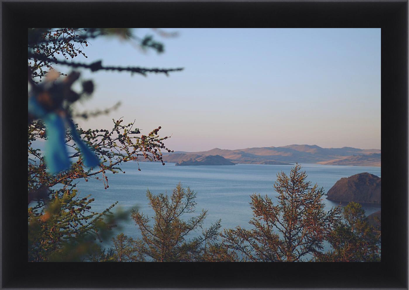 Картина в раме - Вид на озеро через ветки. Байкал