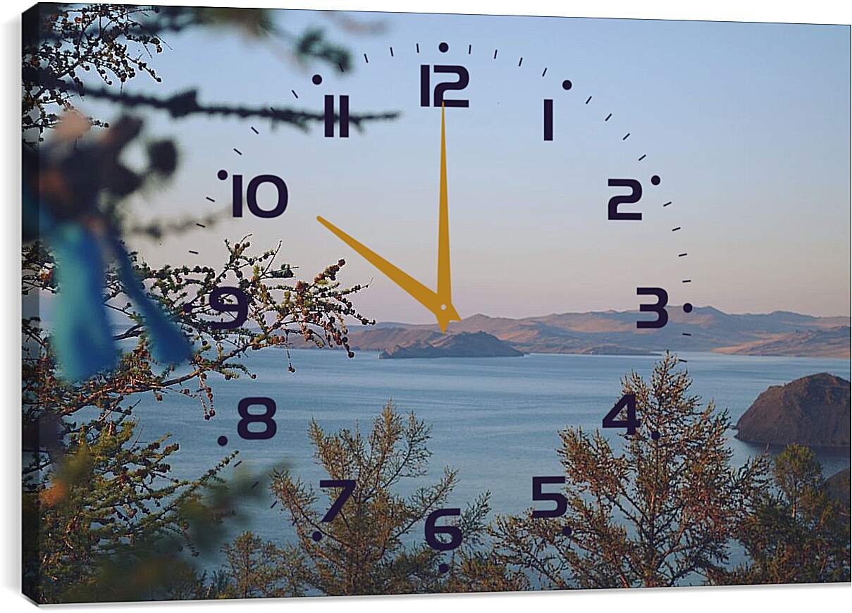 Часы картина - Вид на озеро через ветки. Байкал