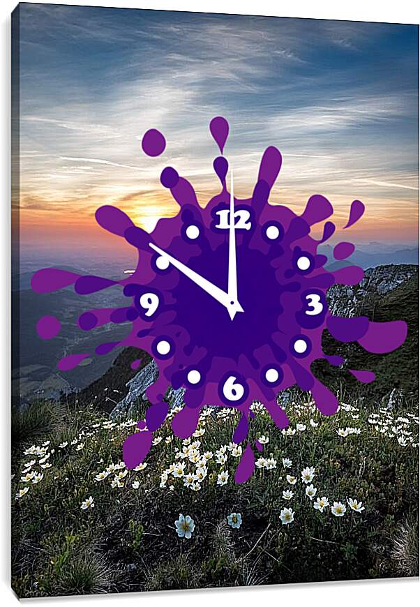 Часы картина - Закат и цветы