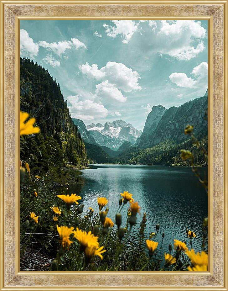 Картина в раме - Одуванчики и горы