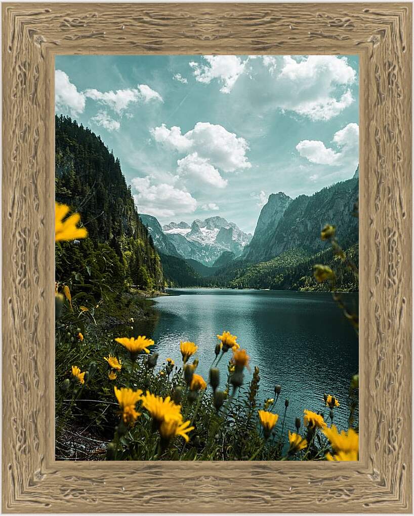 Картина в раме - Одуванчики и горы
