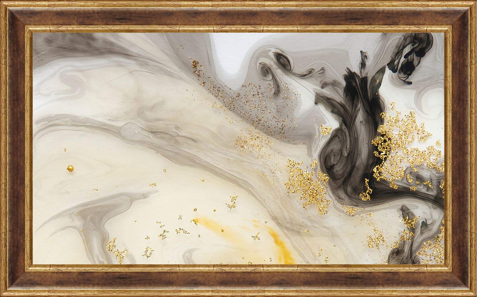 Картина в раме - Черный акварель с золотистым блеском. Абстракция