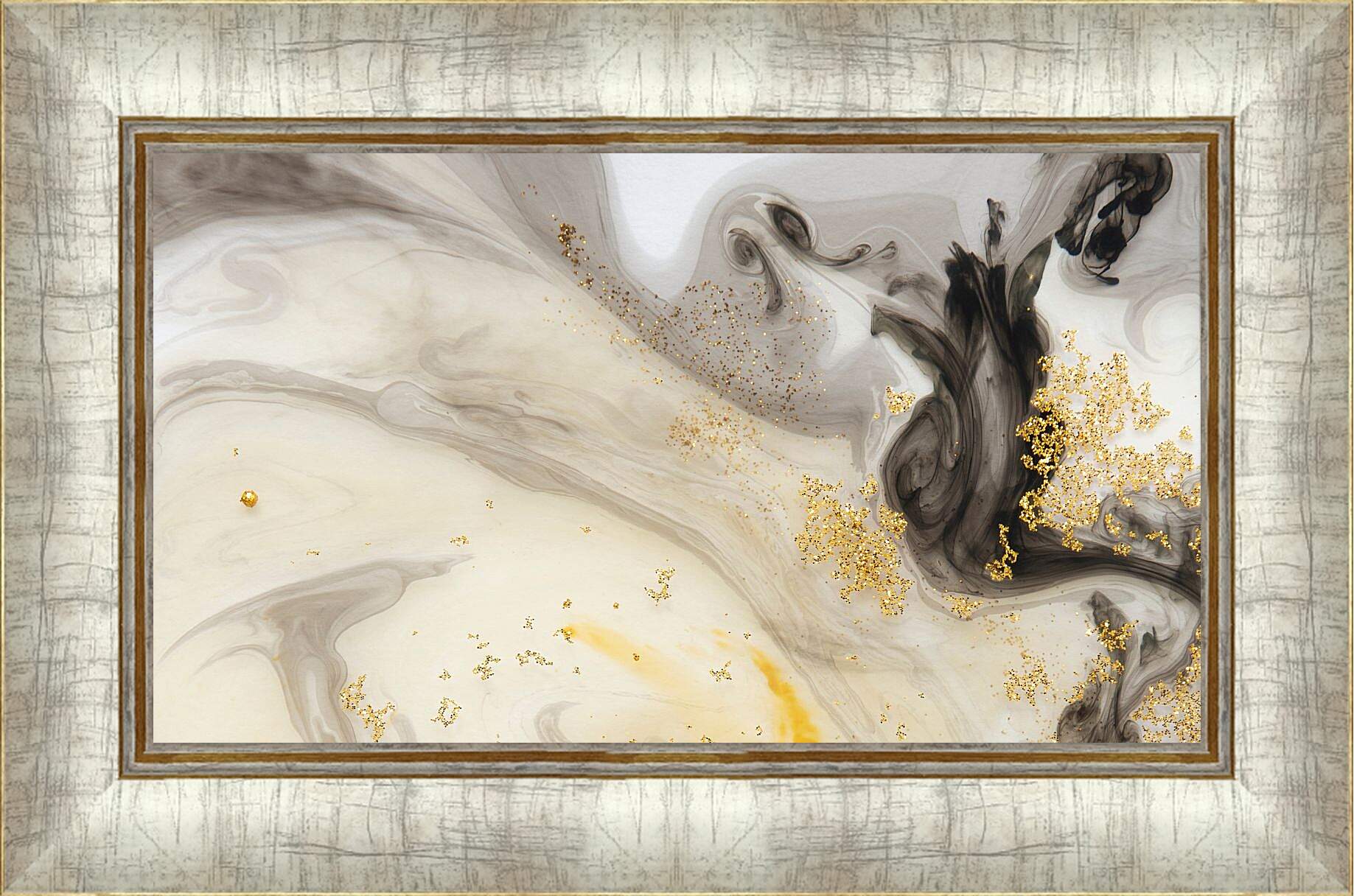 Картина в раме - Черный акварель с золотистым блеском. Абстракция