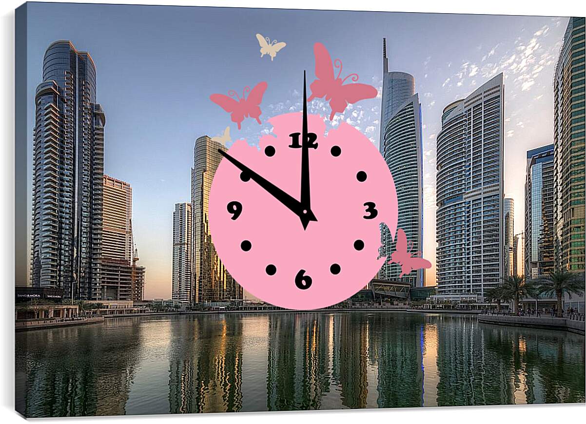 Часы картина - Отражение небоскрёбов в воде. Дубай