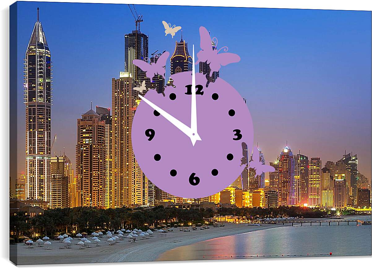 Часы картина - Пляж недалеко от небоскрёбов. Дубай