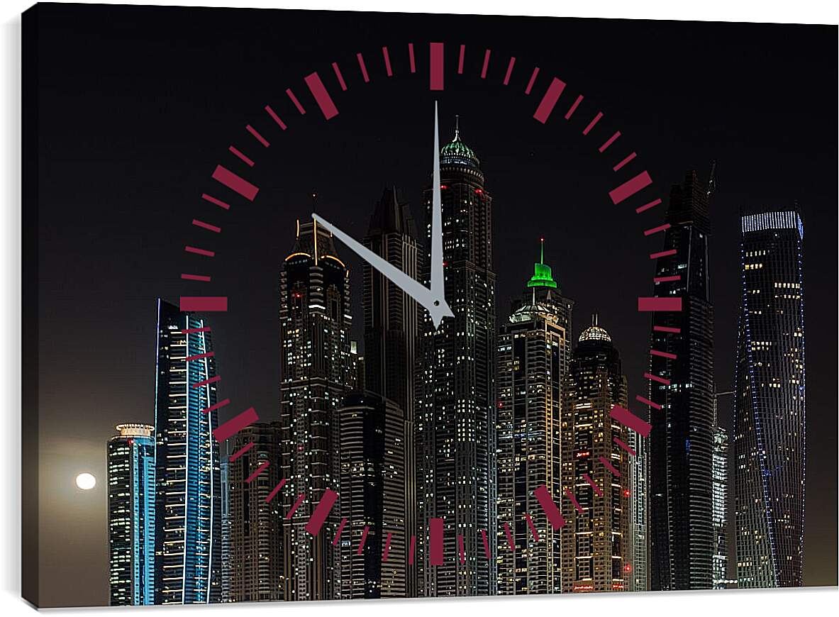 Часы картина - Луна рядом с небоскребами. Дубай