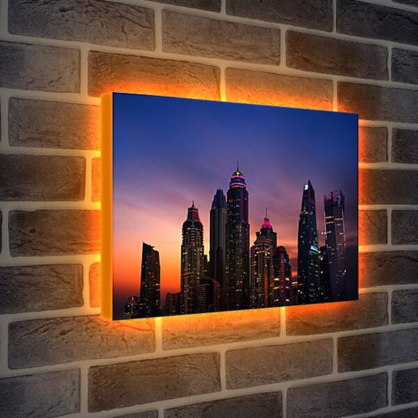 Лайтбокс световая панель - Небоскрёбы на фоне заката. Дубай