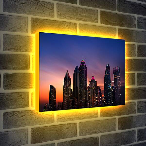 Лайтбокс световая панель - Небоскрёбы на фоне заката. Дубай