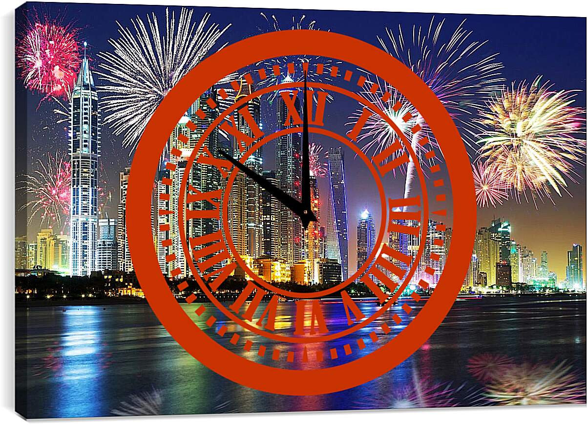 Часы картина - Салют в ночном небе города. Дубай
