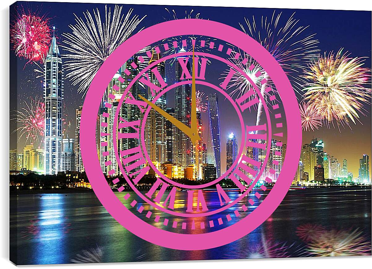 Часы картина - Салют в ночном небе города. Дубай