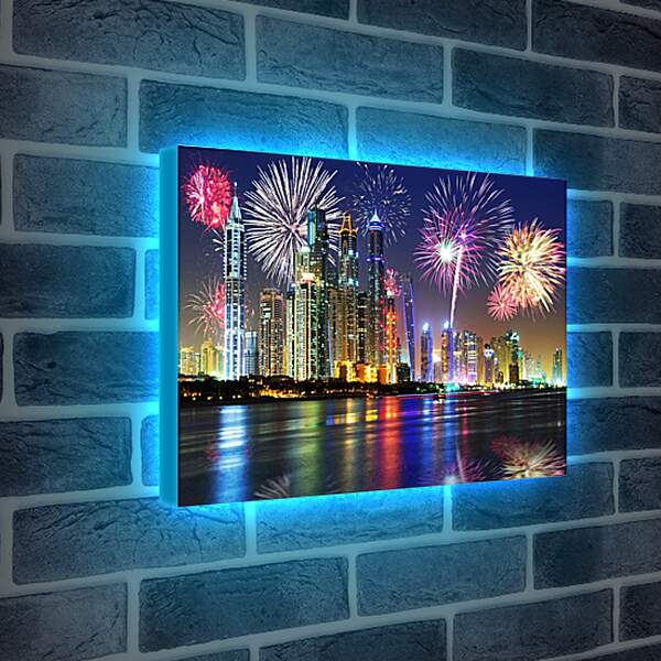 Лайтбокс световая панель - Салют в ночном небе города. Дубай