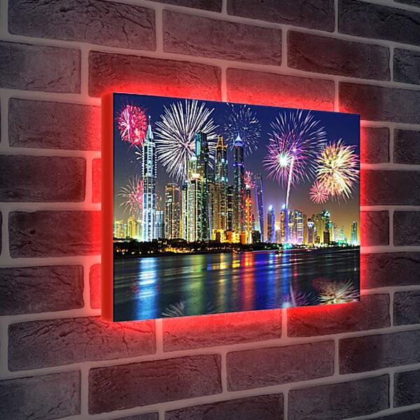 Лайтбокс световая панель - Салют в ночном небе города. Дубай