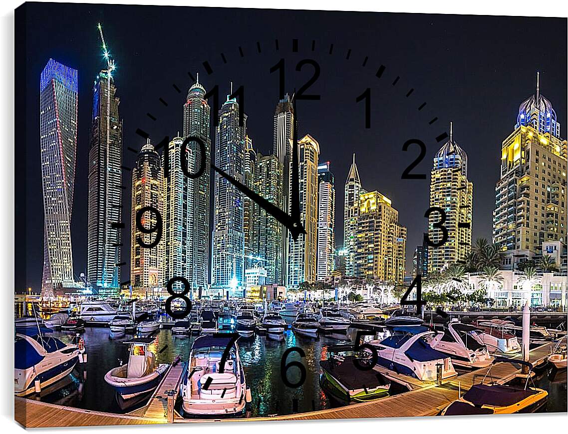 Часы картина - Яхты в гавани на фоне города. Дубай