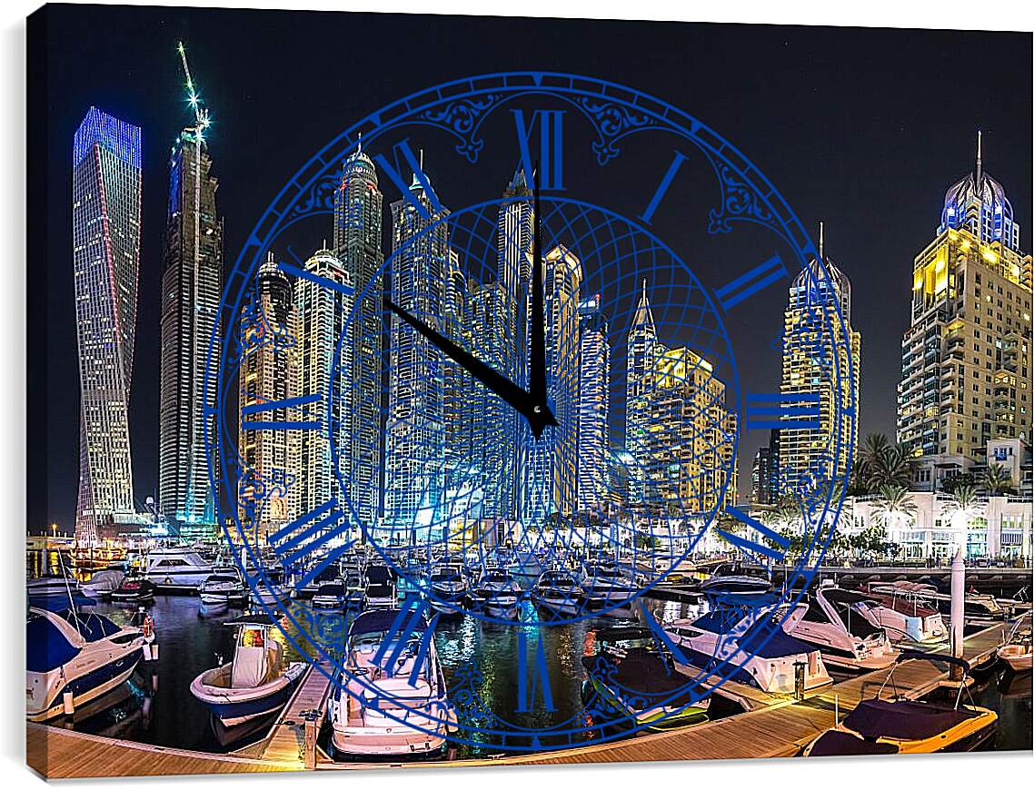 Часы картина - Яхты в гавани на фоне города. Дубай