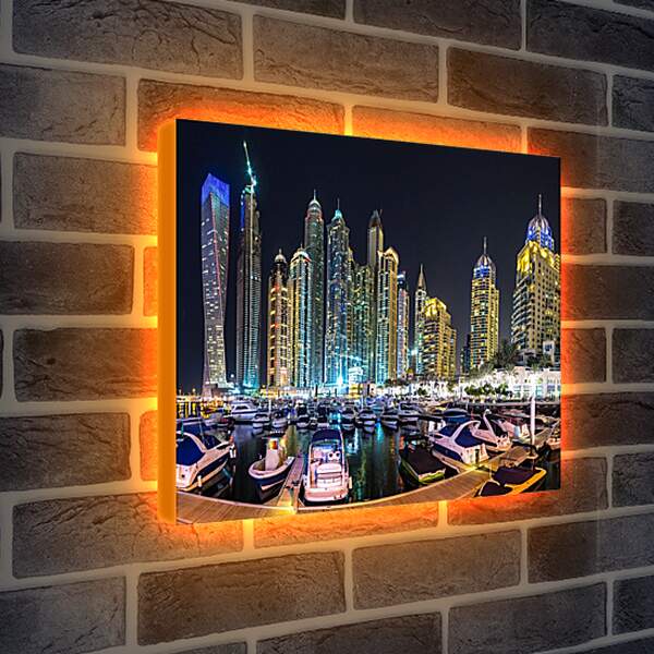 Лайтбокс световая панель - Яхты в гавани на фоне города. Дубай
