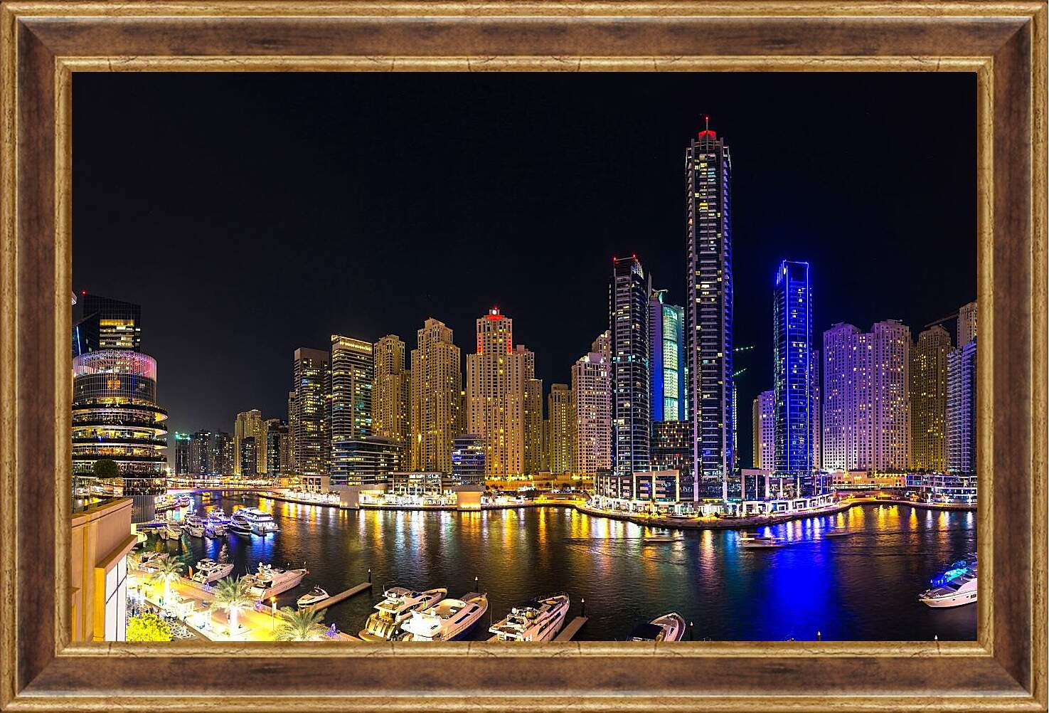 Картина в раме - Яхты под ночным небом. Дубай