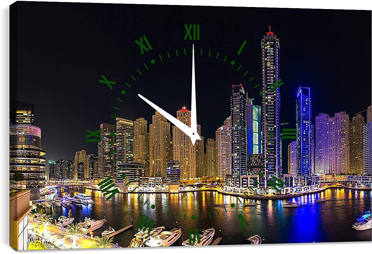 Часы картина - Яхты под ночным небом. Дубай