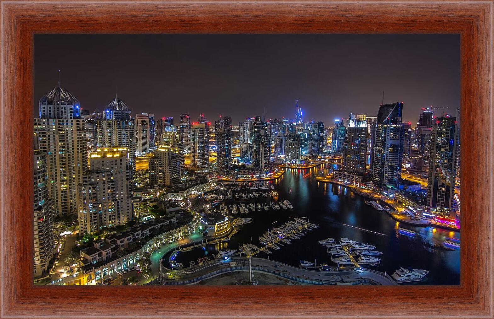 Картина в раме - Вид на гавань с яхтами и город. Дубай