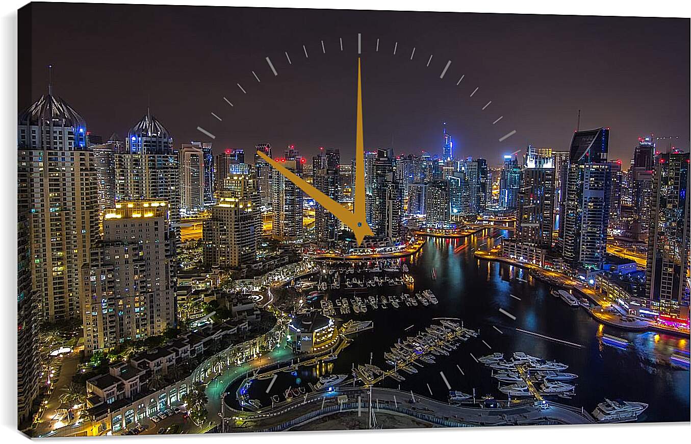Часы картина - Вид на гавань с яхтами и город. Дубай