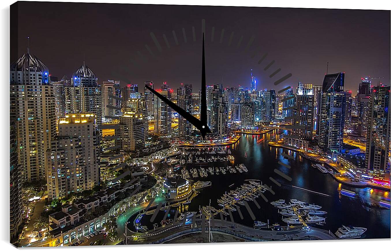 Часы картина - Вид на гавань с яхтами и город. Дубай