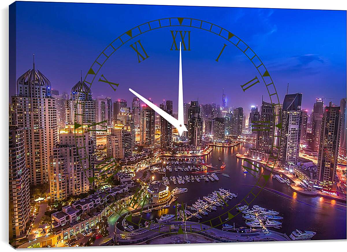Часы картина - Вид на город и яхты в гавани. Дубай