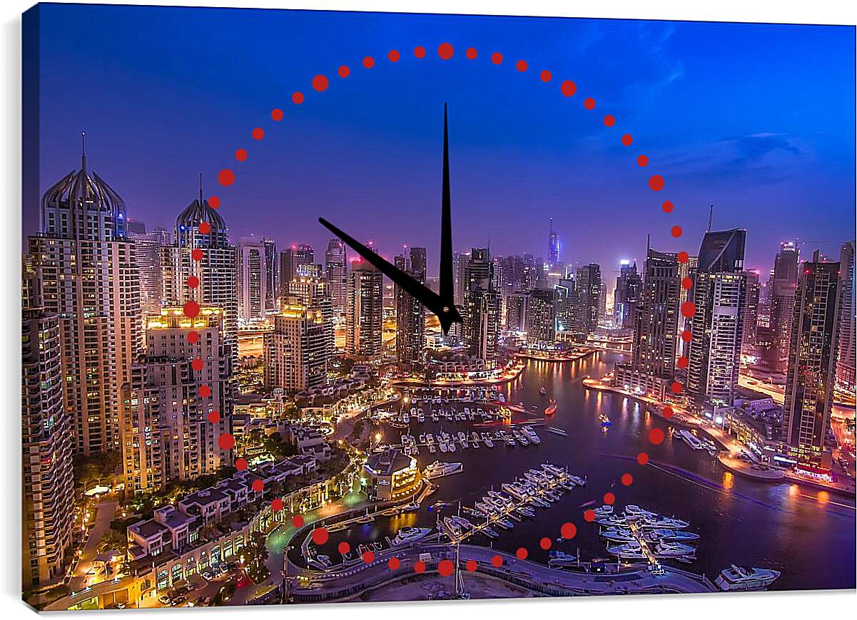 Часы картина - Вид на город и яхты в гавани. Дубай