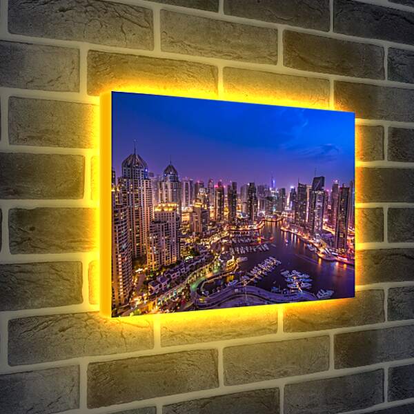 Лайтбокс световая панель - Вид на город и яхты в гавани. Дубай