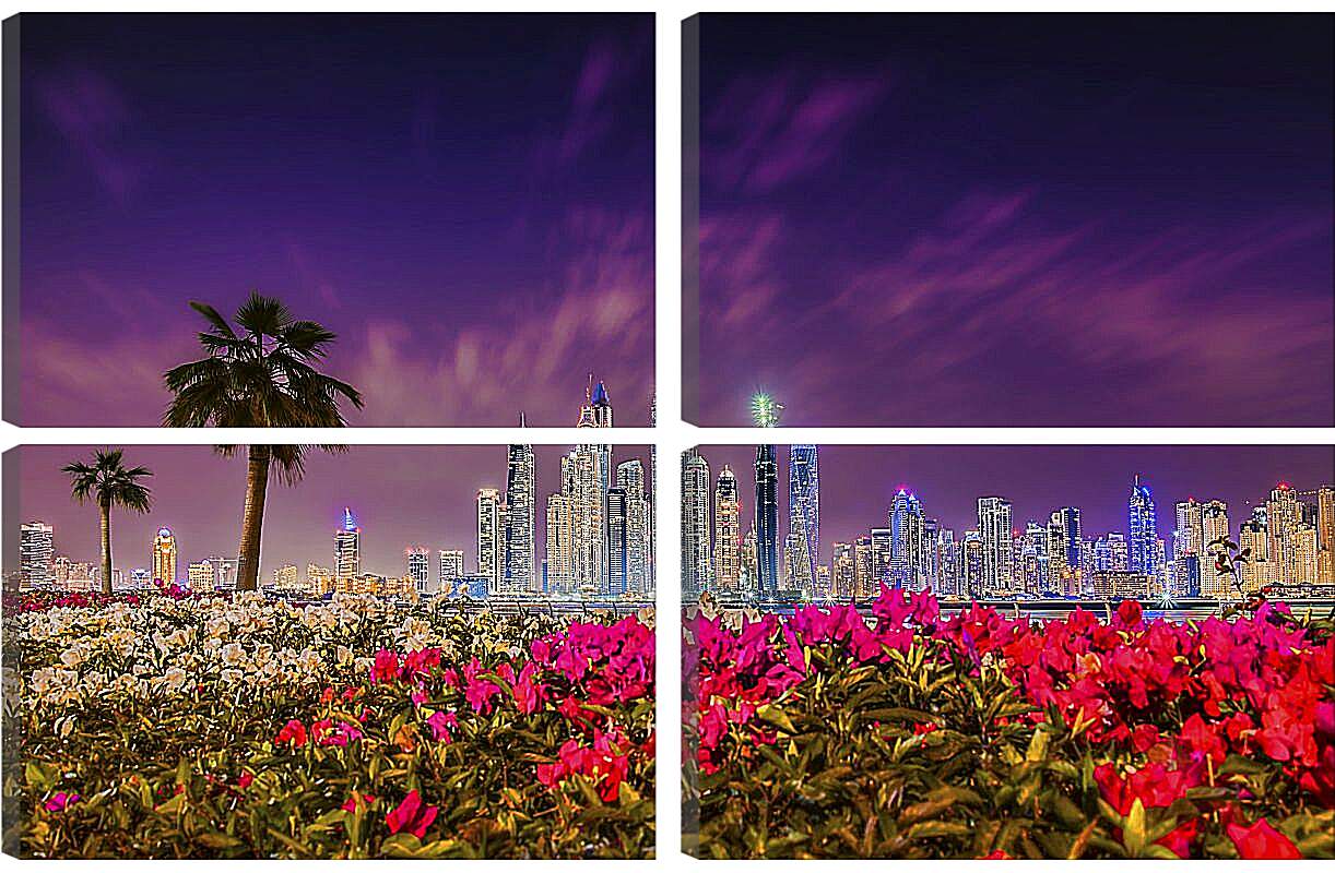 Модульная картина - Клумбы цветов на фоне пальм и города. Дубай