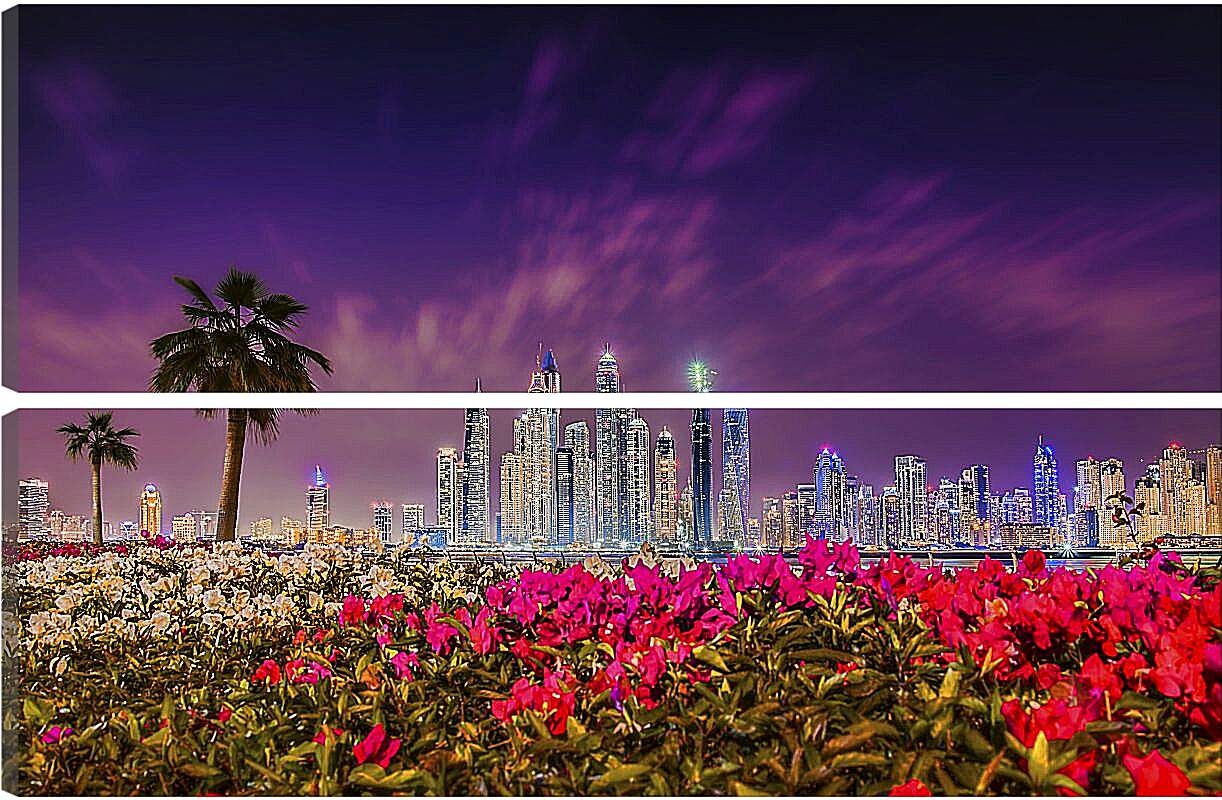 Модульная картина - Клумбы цветов на фоне пальм и города. Дубай