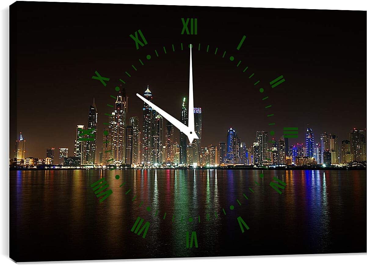 Часы картина - Вид на ночной город на отдалении. Дубай