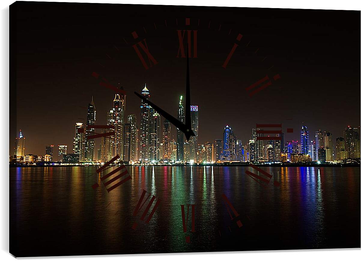 Часы картина - Вид на ночной город на отдалении. Дубай