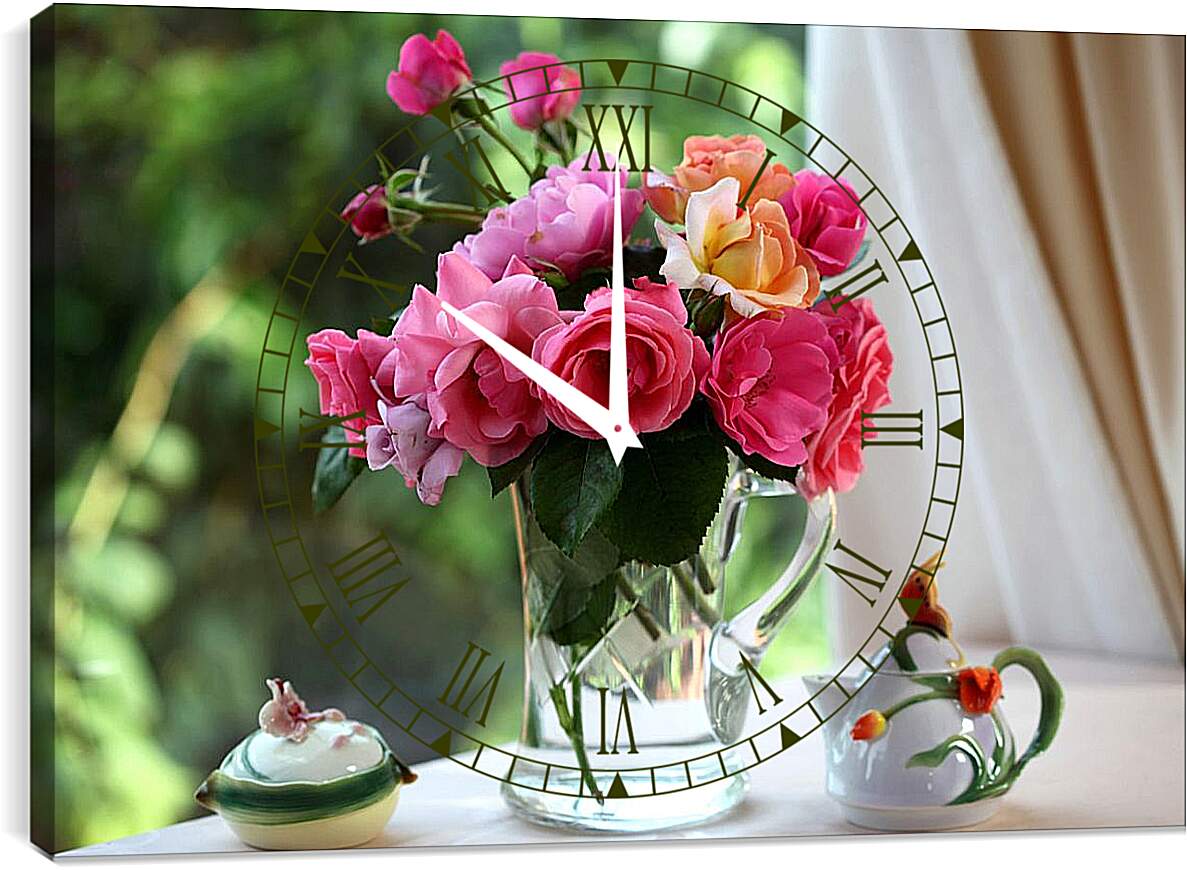Часы картина - Розы на столе