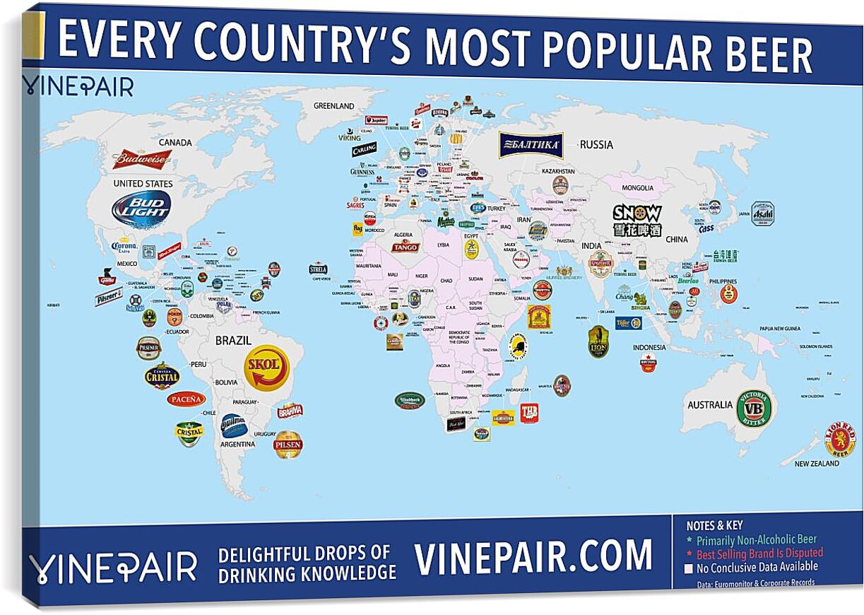 Постер и плакат - Карта мира по популярности марок пива в странах