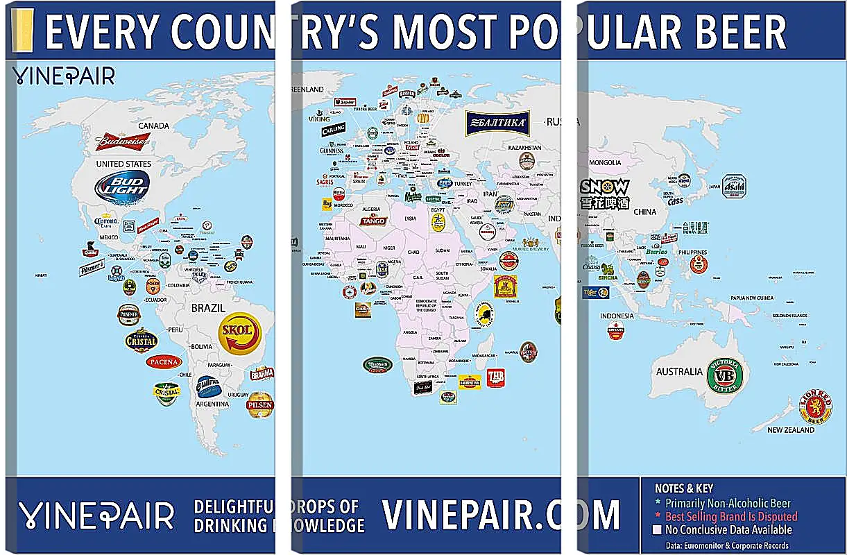 Модульная картина - Карта мира по популярности марок пива в странах