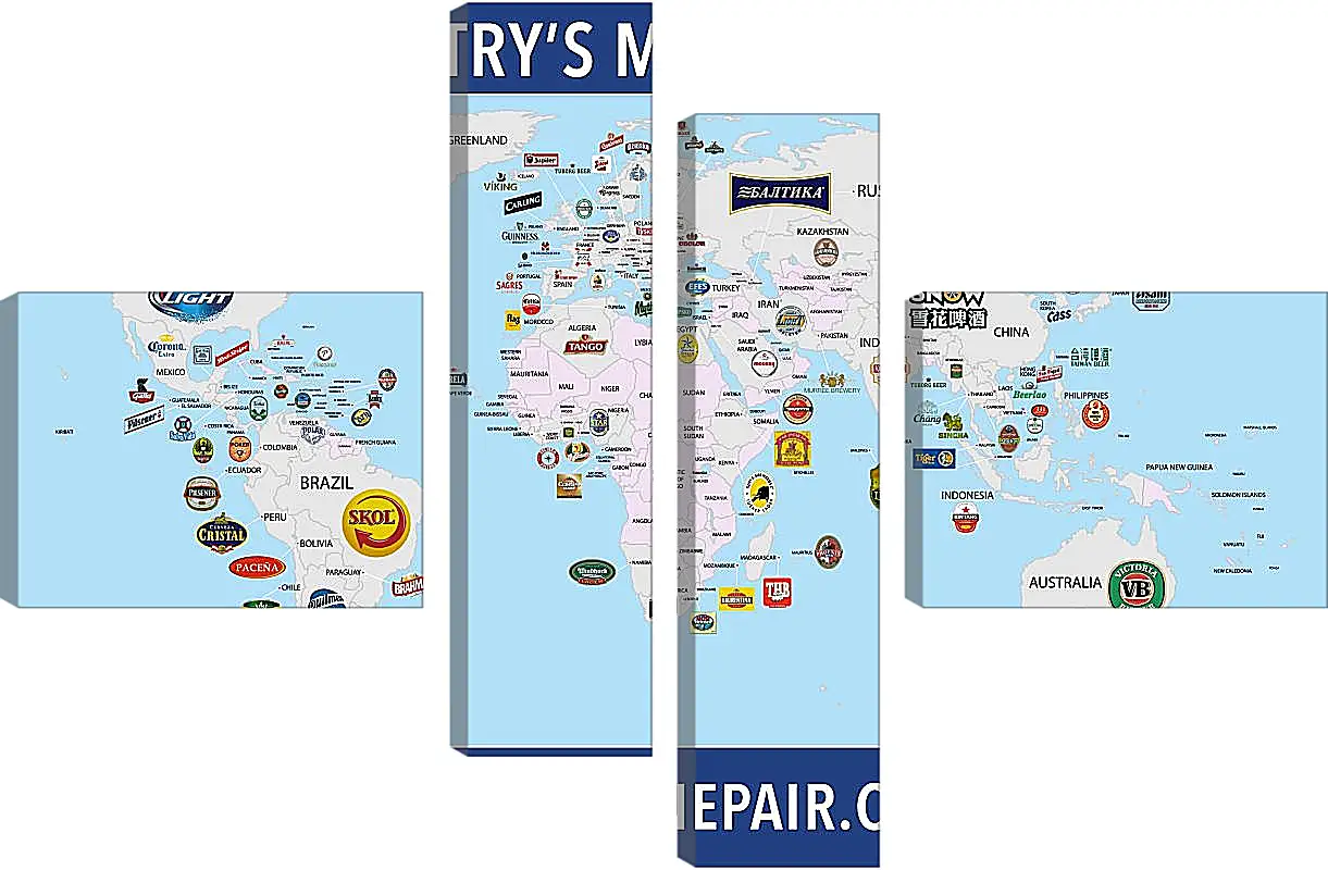 Модульная картина - Карта мира по популярности марок пива в странах