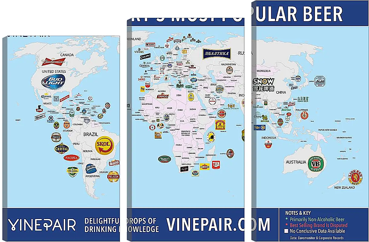 Модульная картина - Карта мира по популярности марок пива в странах