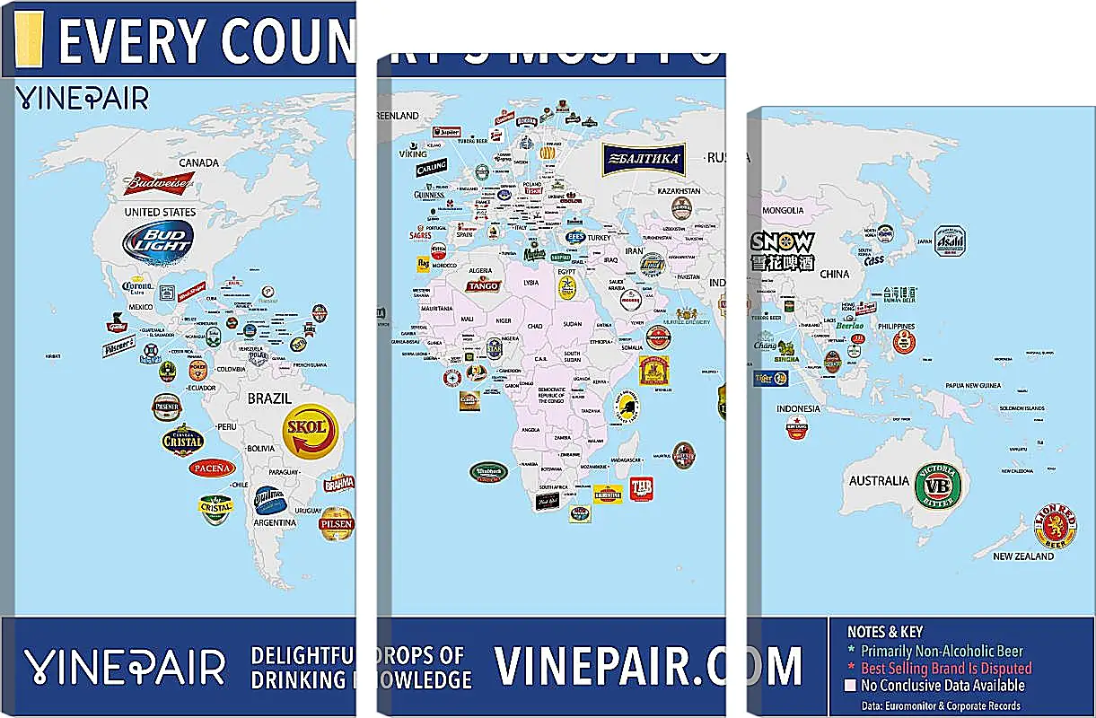 Модульная картина - Карта мира по популярности марок пива в странах