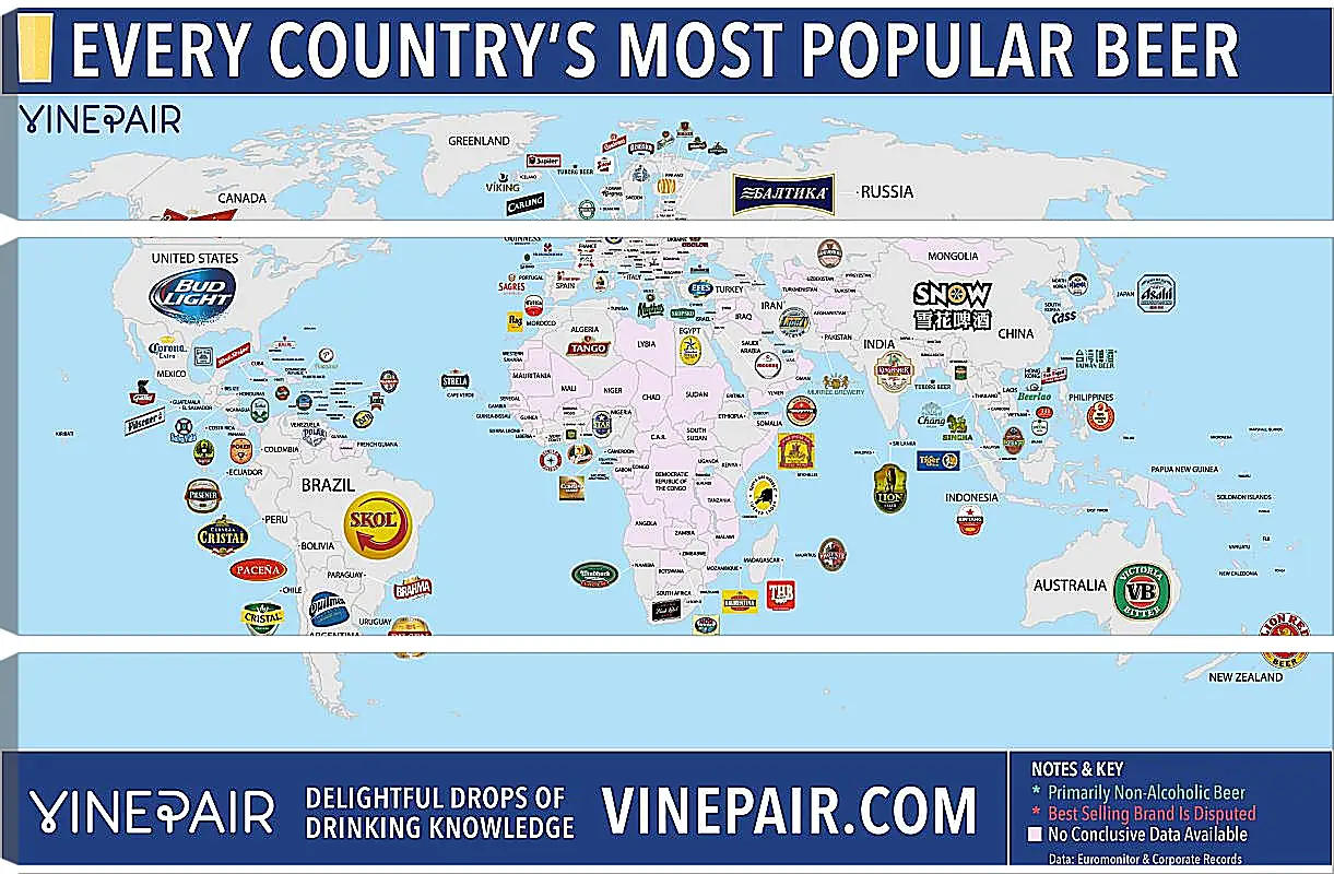 Модульная картина - Карта мира по популярности марок пива в странах