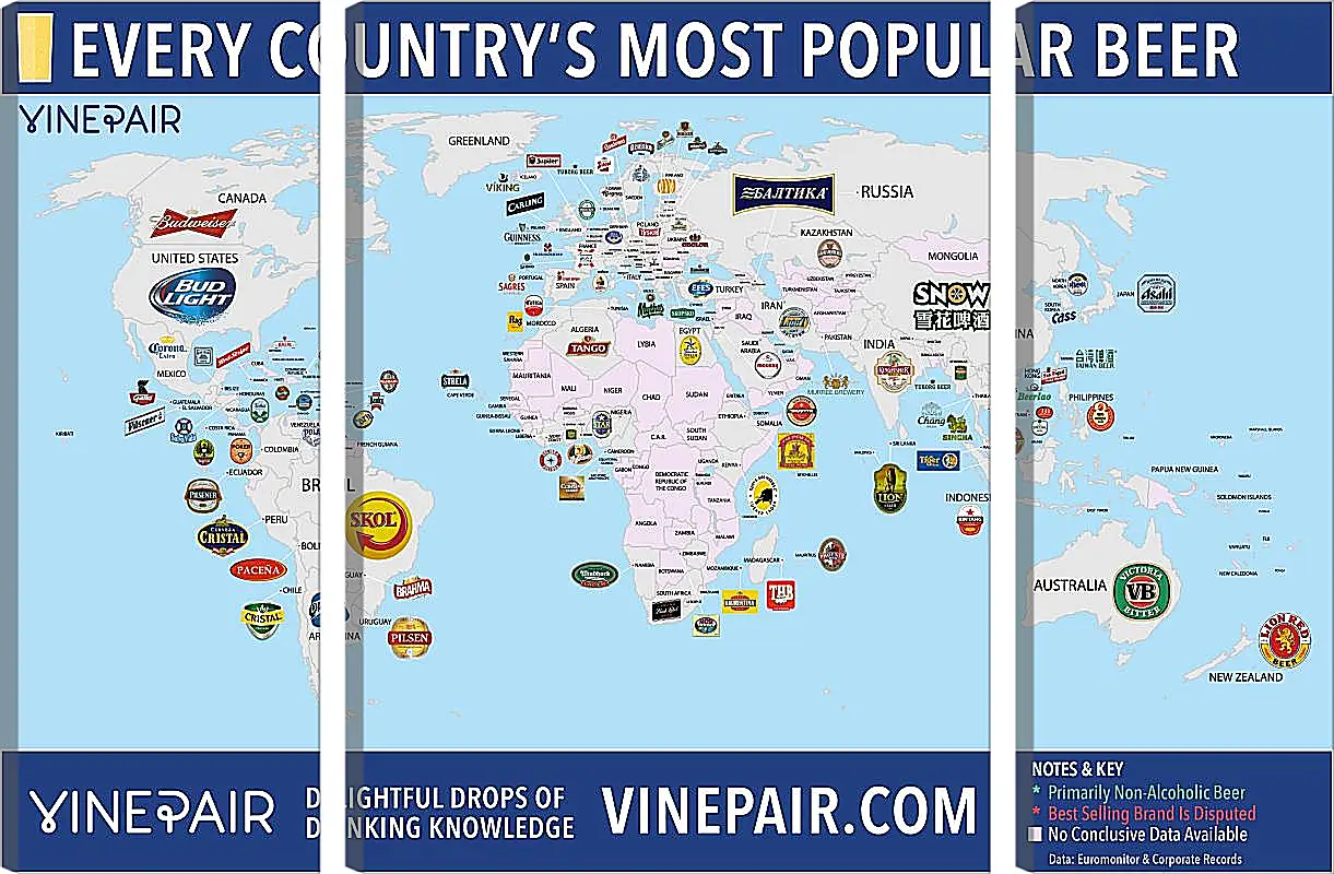 Модульная картина - Карта мира по популярности марок пива в странах