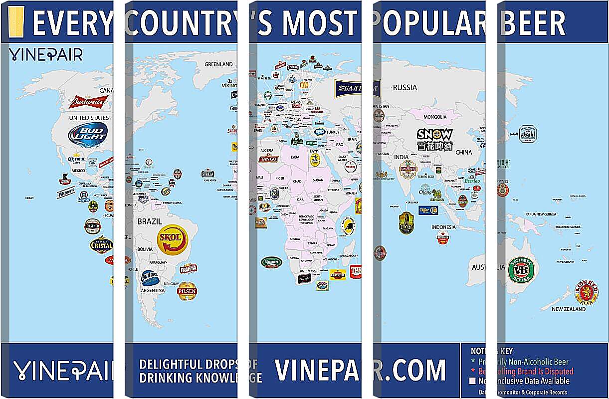 Модульная картина - Карта мира по популярности марок пива в странах