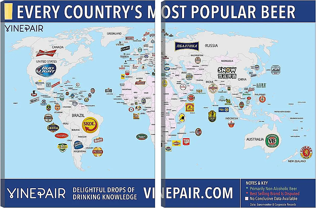 Модульная картина - Карта мира по популярности марок пива в странах