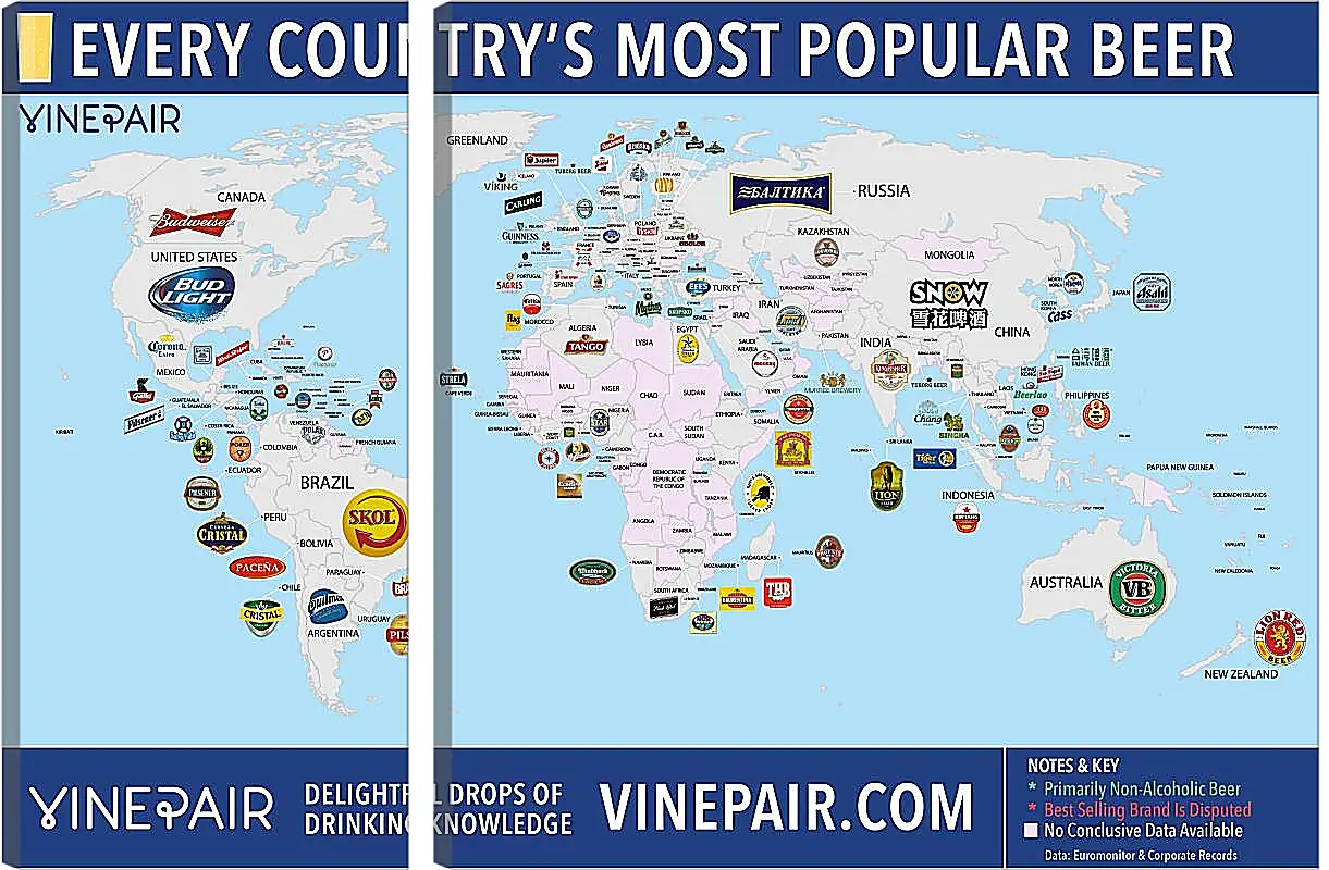Модульная картина - Карта мира по популярности марок пива в странах
