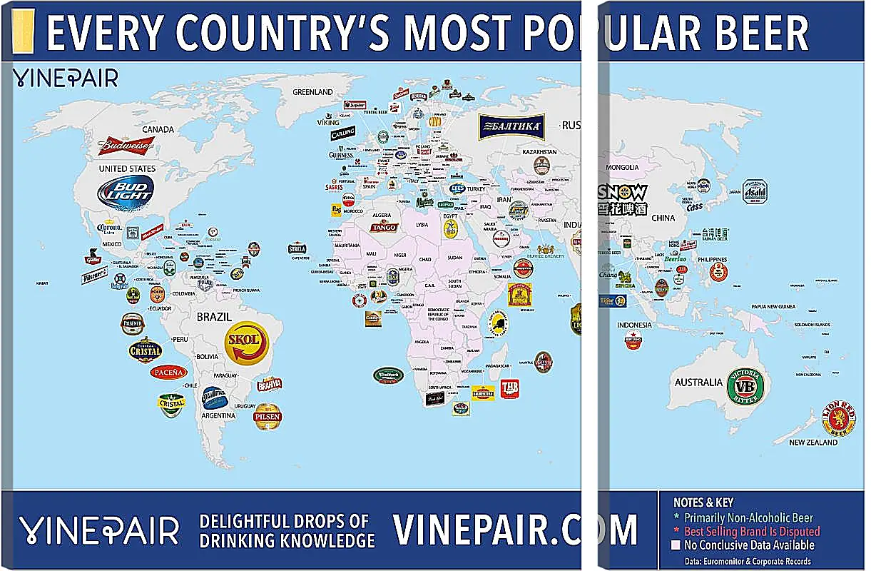 Модульная картина - Карта мира по популярности марок пива в странах