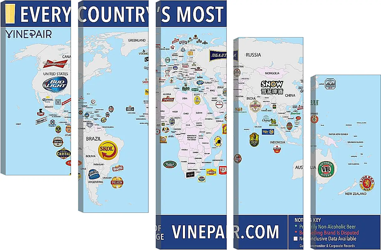 Модульная картина - Карта мира по популярности марок пива в странах