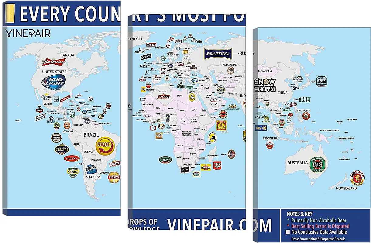 Модульная картина - Карта мира по популярности марок пива в странах