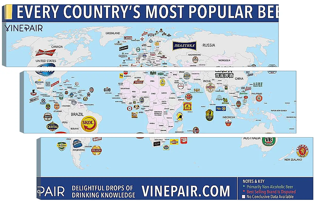 Модульная картина - Карта мира по популярности марок пива в странах