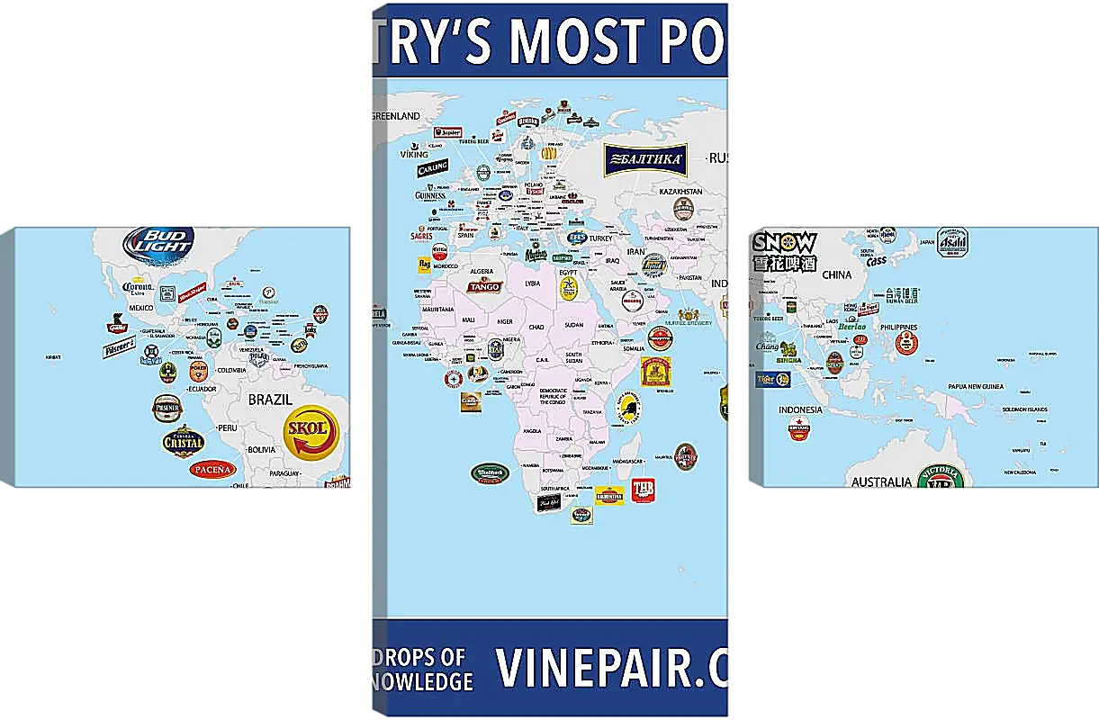 Модульная картина - Карта мира по популярности марок пива в странах