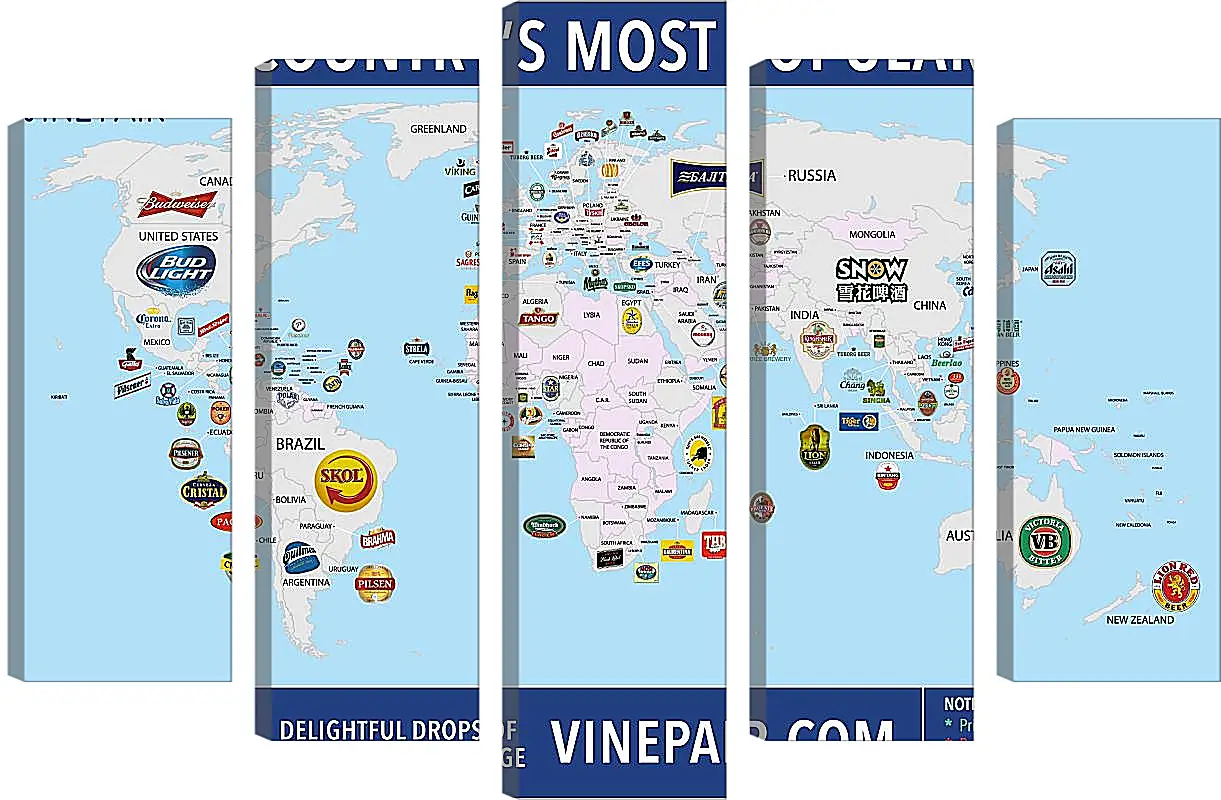 Модульная картина - Карта мира по популярности марок пива в странах